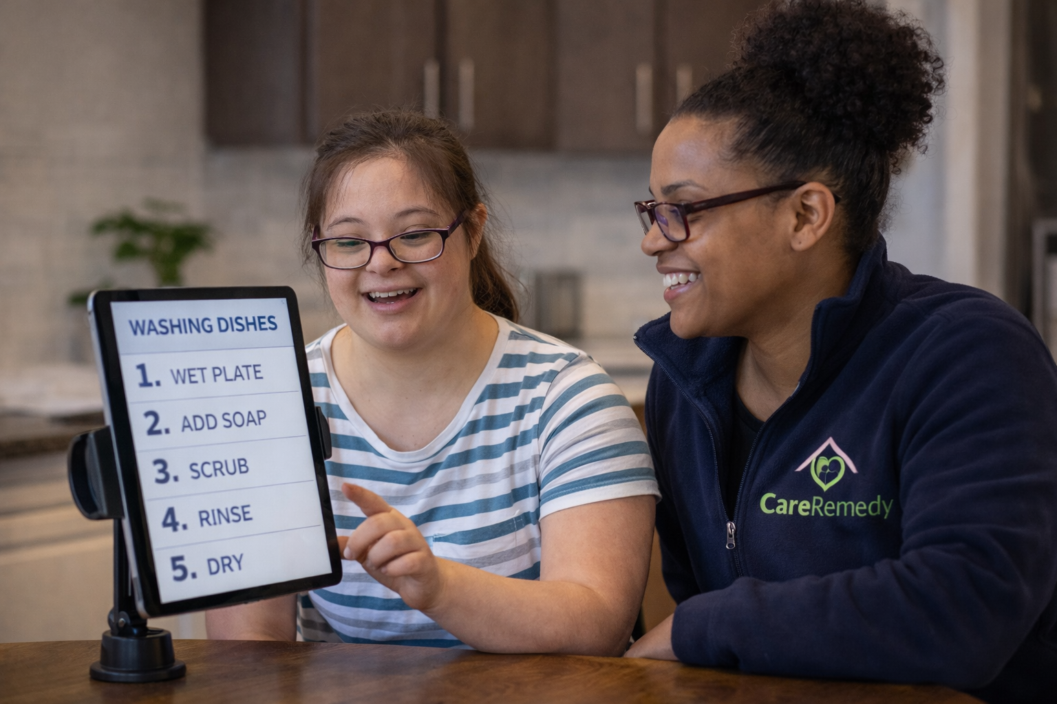 Two smiling people holding a paper labeled “WASHING ORDER” with numbered steps on a table.