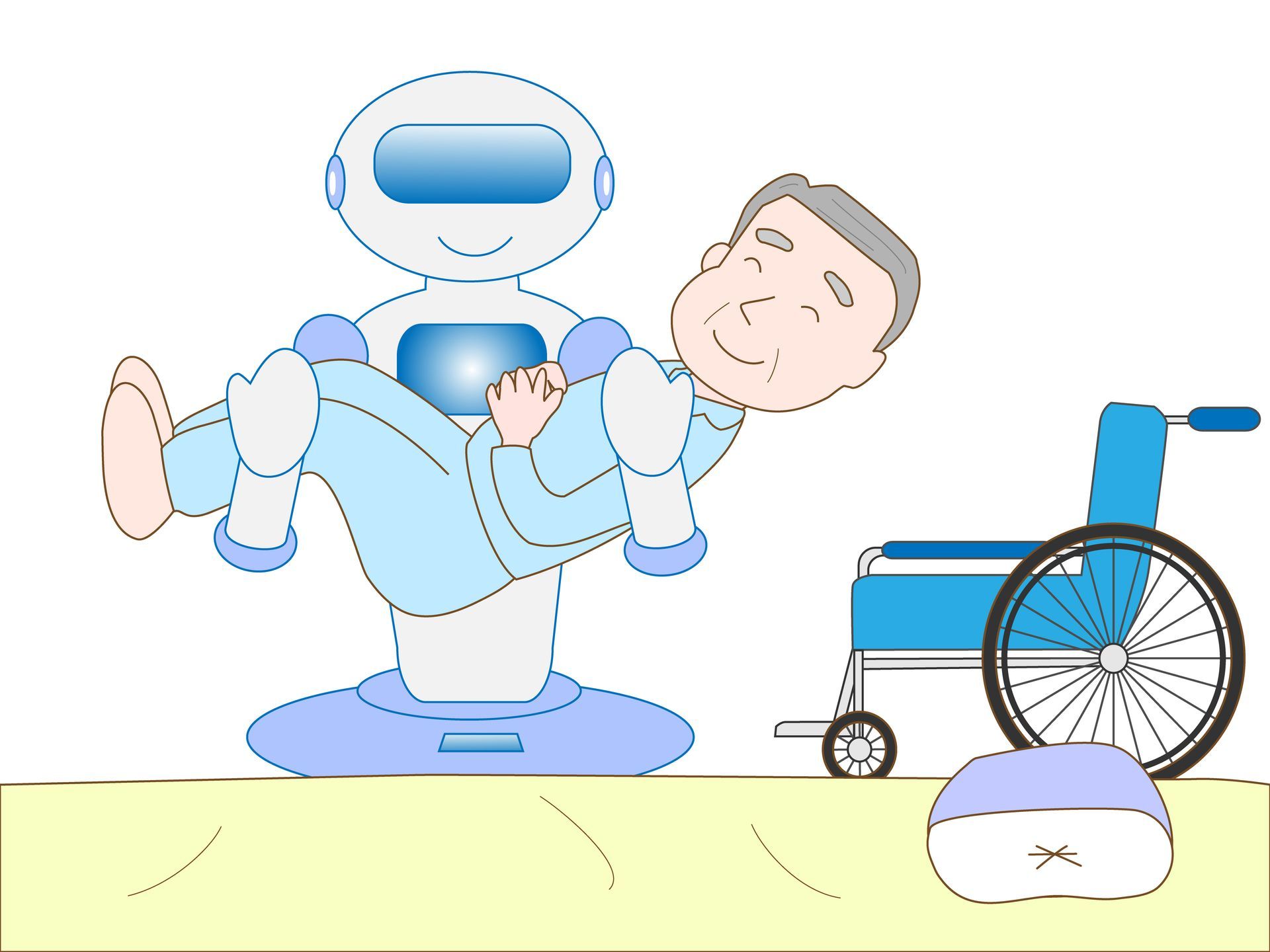 A robot is carrying a man in a wheelchair