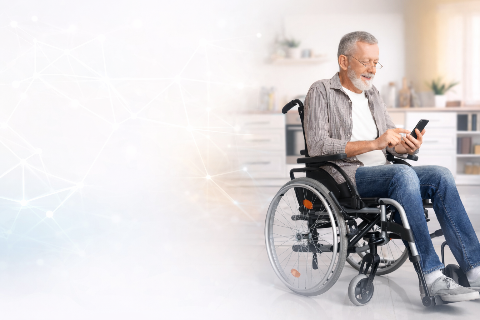 Man in a wheelchair smiling while using a tablet in a bright home office