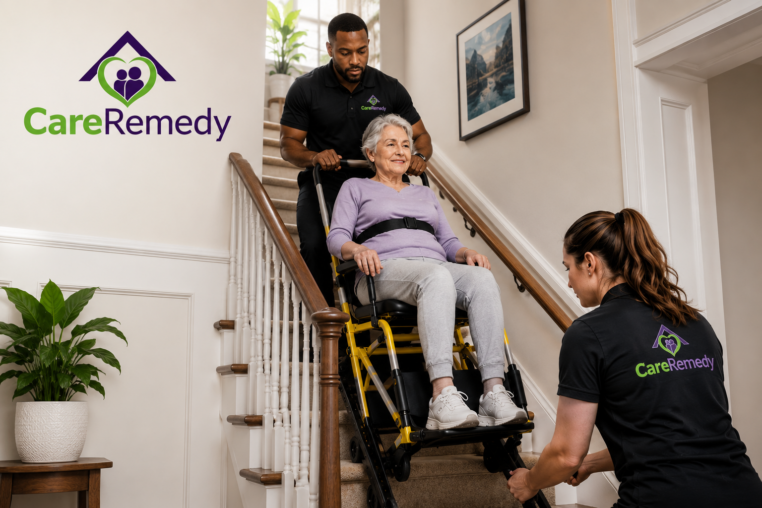 Caregiver supporting an older adult on a home staircase after joint replacement surgery
