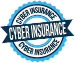 Blue and black circular badge reading “Cyber Insurance” on a white background