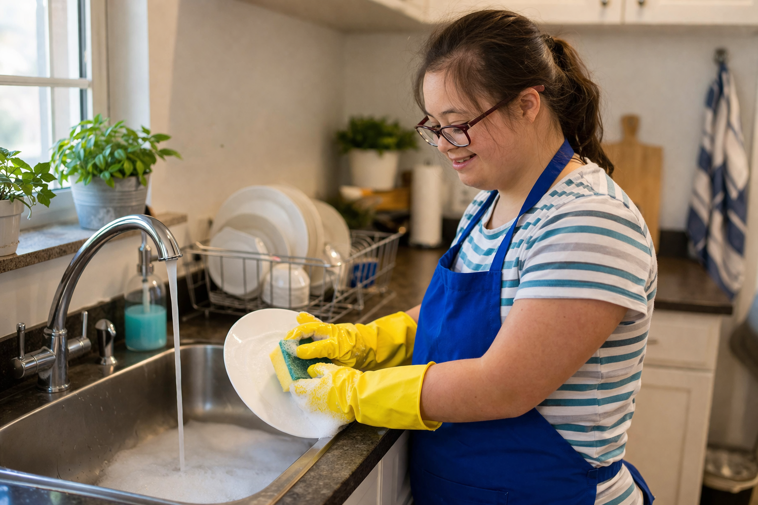 Person wearing gloves washing dishes at a kitchen sink