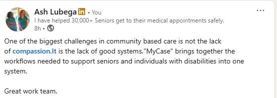 Tweet screenshot praising compassionate, accessible medical appointments for seniors and disabled people