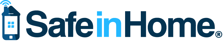 SafeInHome logo with blue house and smartphone icon, featuring dark blue text on white background