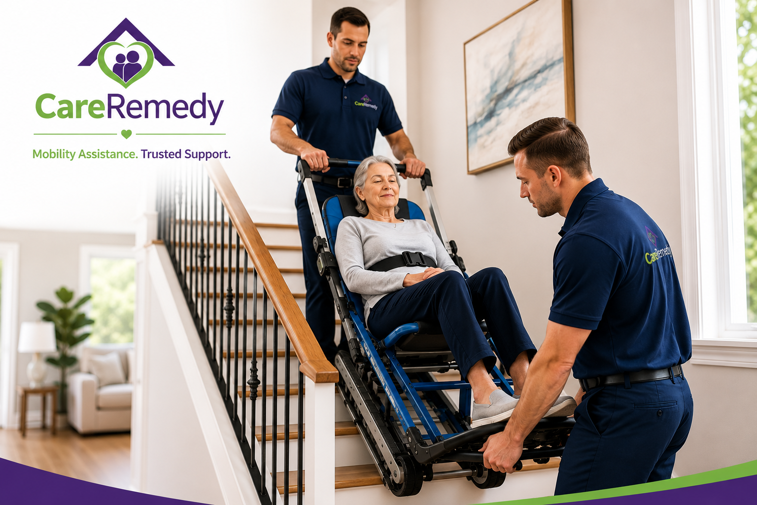 Two Care Remedy caregivers using a track stair chair to bring a senior woman down a home staircase