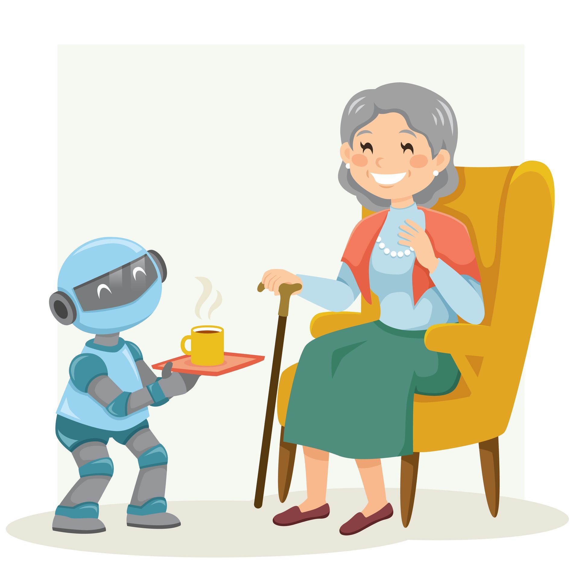 A robot is serving a cup of coffee to an elderly woman.