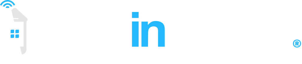 LinkedIn logo in blue on a white background with a small blue house icon on the left