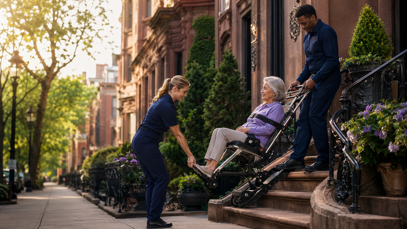Two trained staff helping someone down a narrow staircase in a Boston walk-up