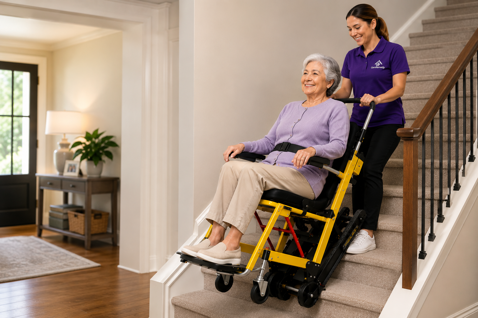 Stair chair assistance in a Burlington, MA split-entry home