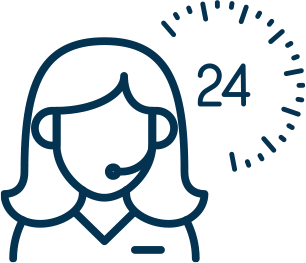 Headset support agent icon with “24” and clock-like dots indicating 24/7 availability