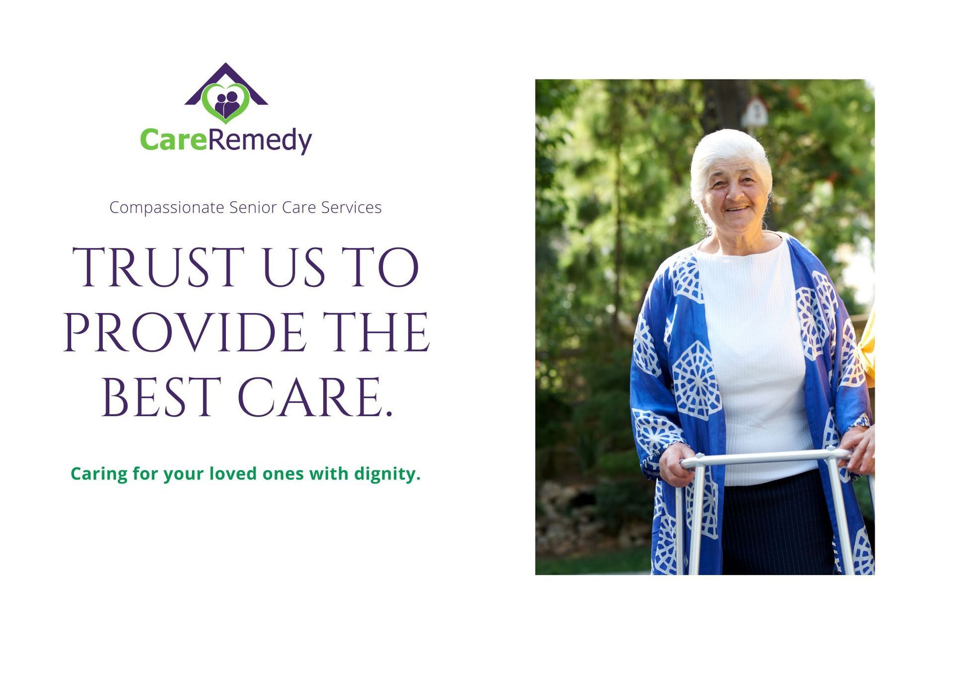 CareRemedy promo with text “Trust us to provide the best care” and a smiling caregiver outdoors
