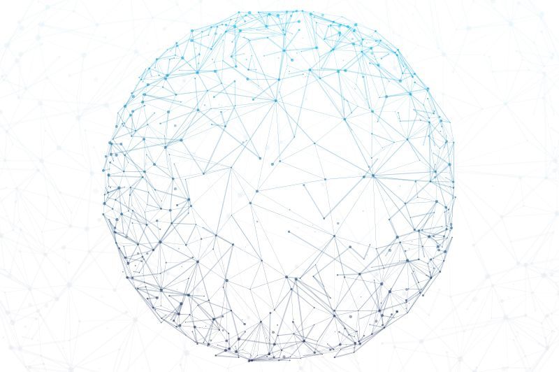 Abstract blue wireframe sphere made of connected dots on a white background