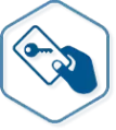 Blue hexagon icon showing a hand tapping a key card on a keypad or reader
