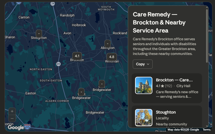 Dark map with nearby Care Remedy service area and clinic cards for Brockton and Stoughton