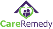 CareRemedy logo with green heart and house outline above purple-and-green text
