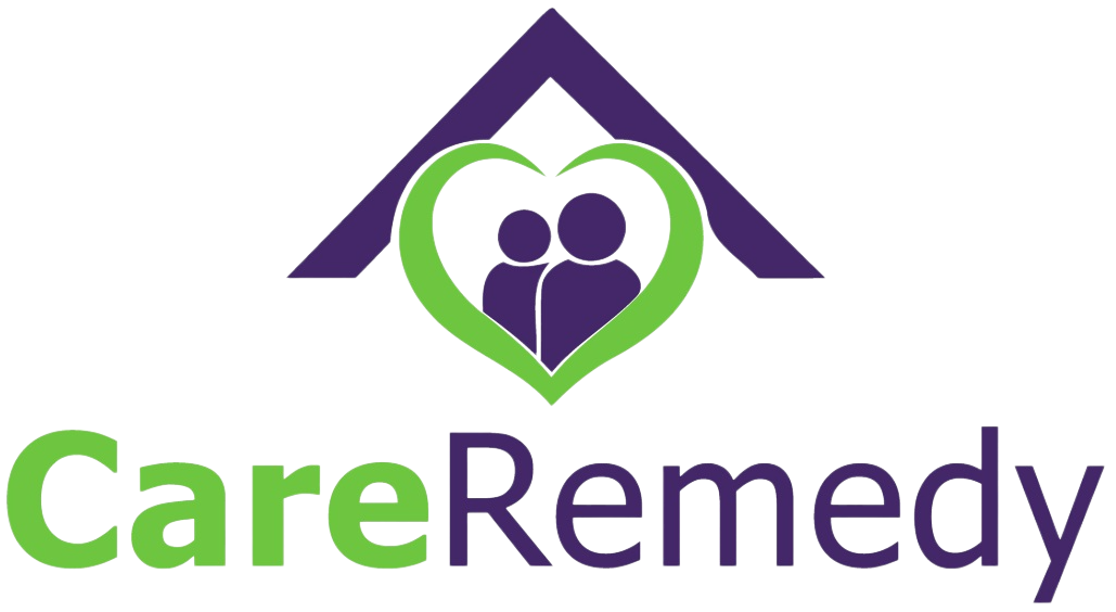 CareRemedy logo with green heart and house outline above purple-and-green text