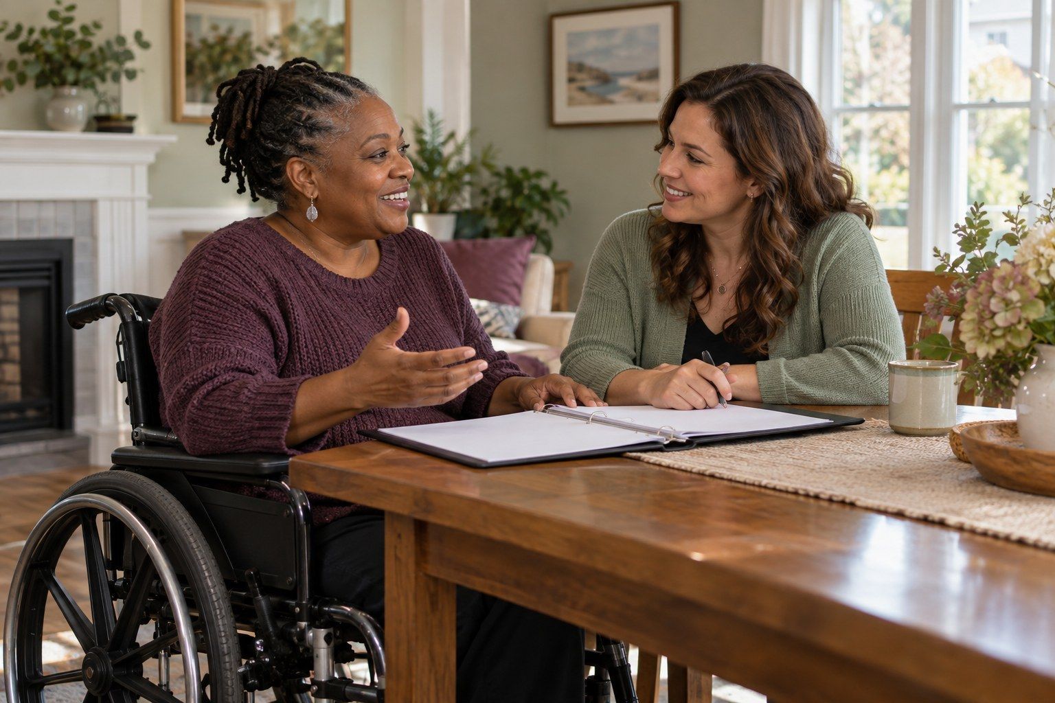 Wheelchair user discussing MassHealth PCA program enrollment at home