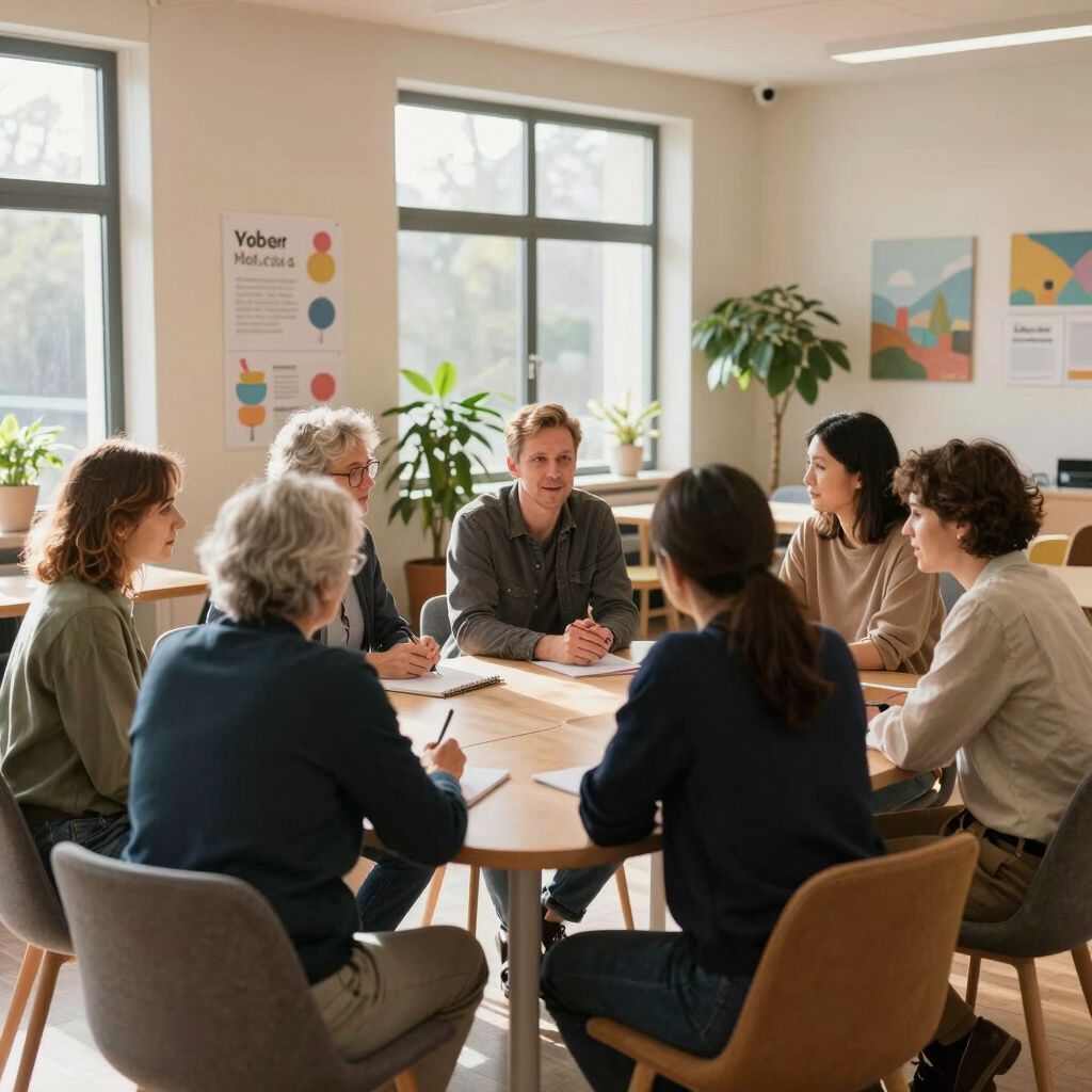 Group meeting in a bright office with six people seated around a round table near large windows.