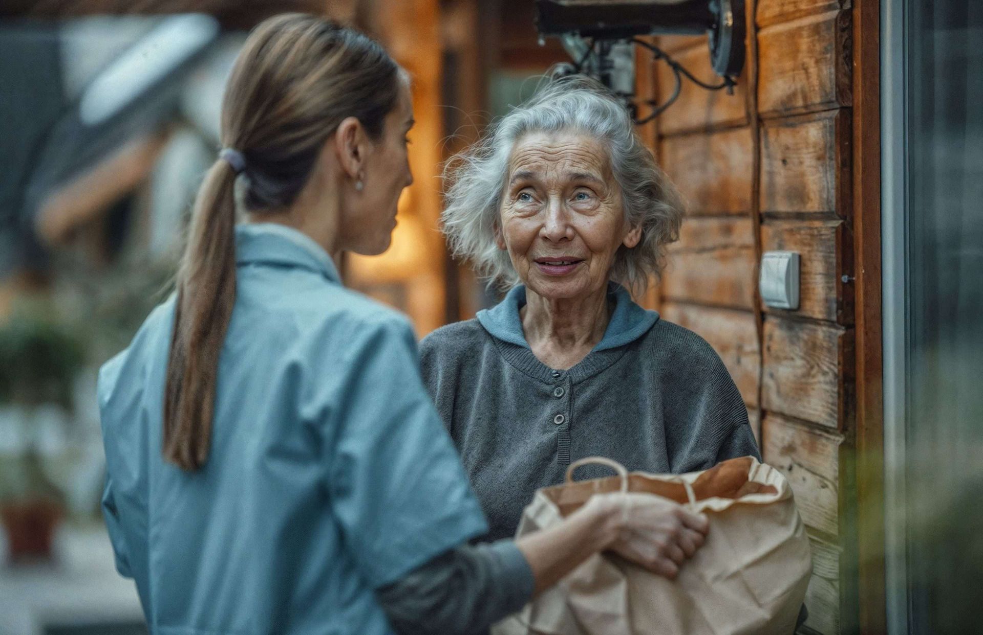 Woman handing a paper bag to an elderly woman outside a brick building