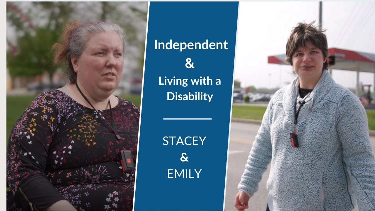 Two women flanking a title card reading “Independent & Living with a Disability: Stacey & Emily”
