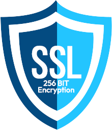 Blue SSL shield icon with “256 BIT Encryption” text