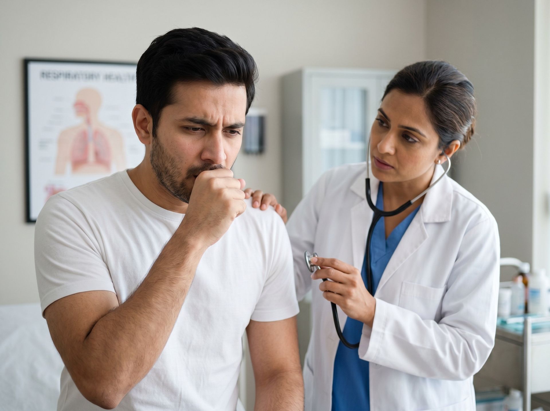 Doctor examining a man coughing in a clinic room