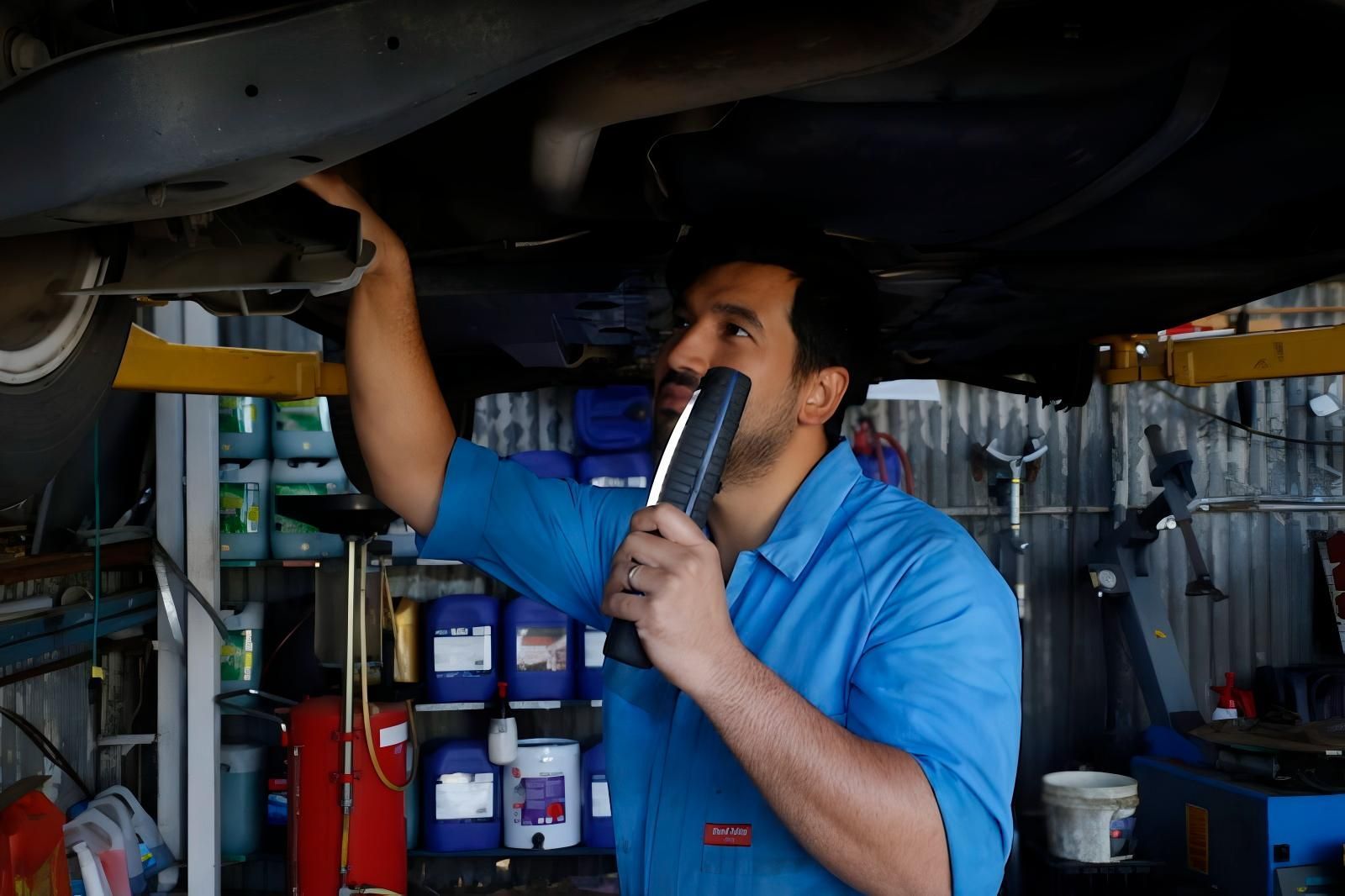 A Man in a Blue Shirt is Working Under a Car in a Garage — CWC Auto Services In Ainslie, ACT