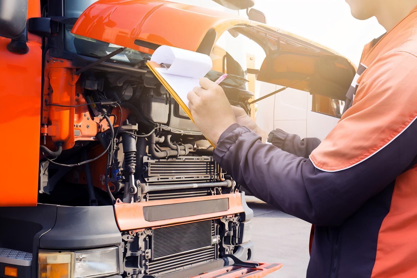 A Man is Writing on a Clipboard in Front of an Orange Truck — CWC Auto Services In Ainslie, ACT