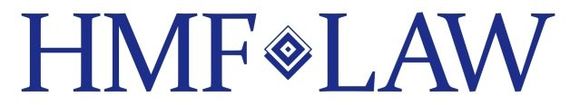 HMF Law logo with blue serif text and diamond icon