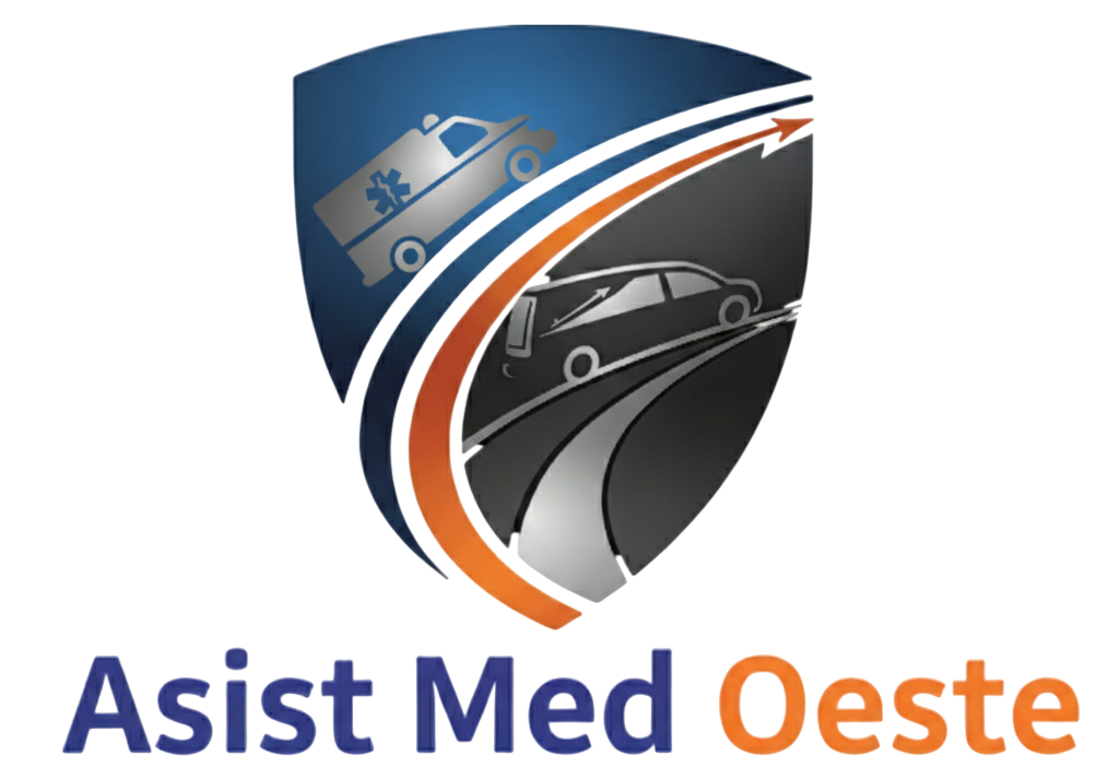 Paloma azul con flecha naranja en escudo, símbolo médico. Texto