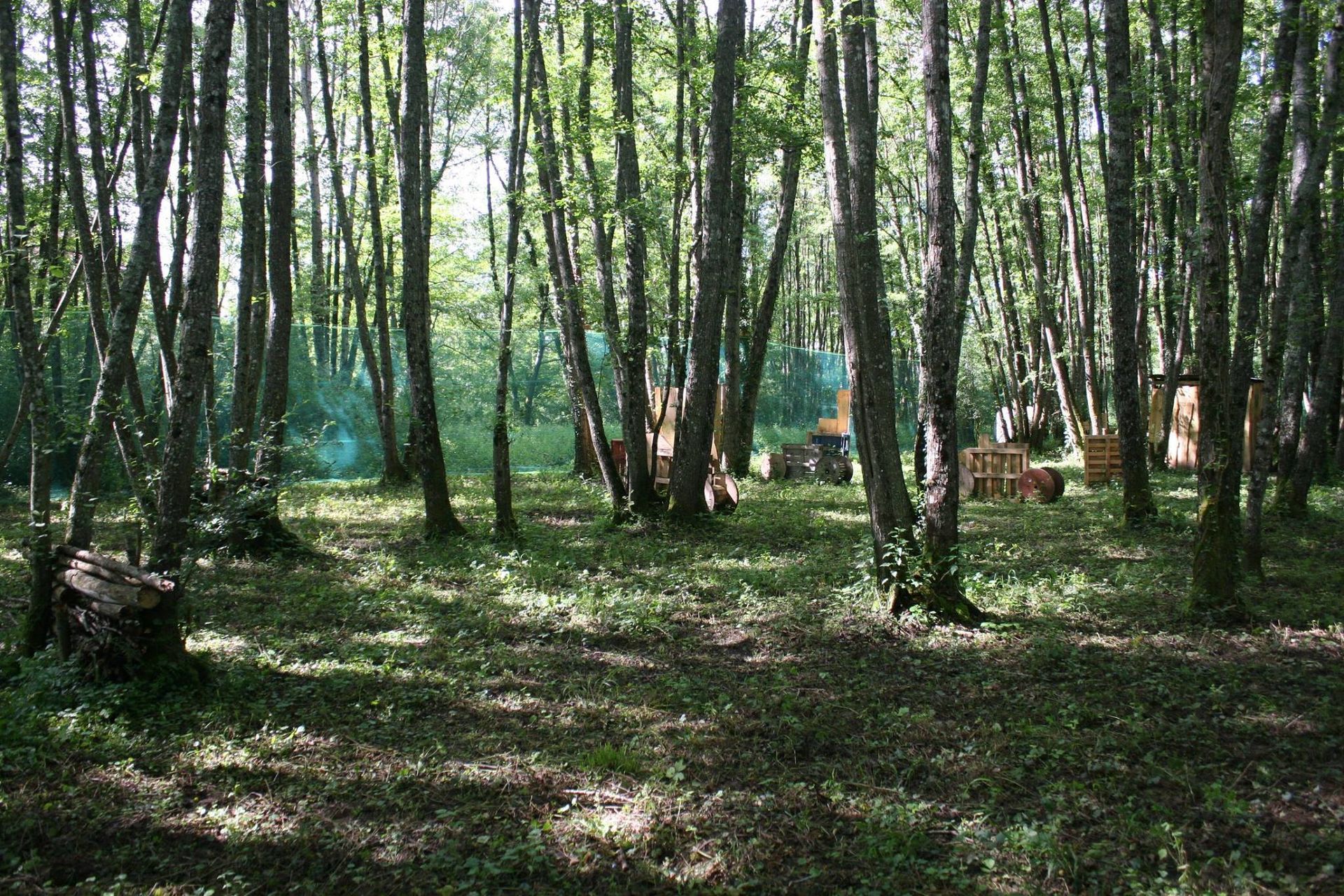 Terrain de paintball en pleine nature avec obstacles en bois et filets de sécurité pour des parties en extérieur.