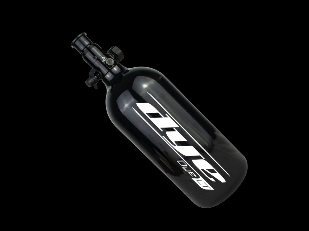 Bouteille d'air comprimé Dye noire pour paintball, capacité de 0.8L, idéale pour alimenter les lanceurs à air haute pression
