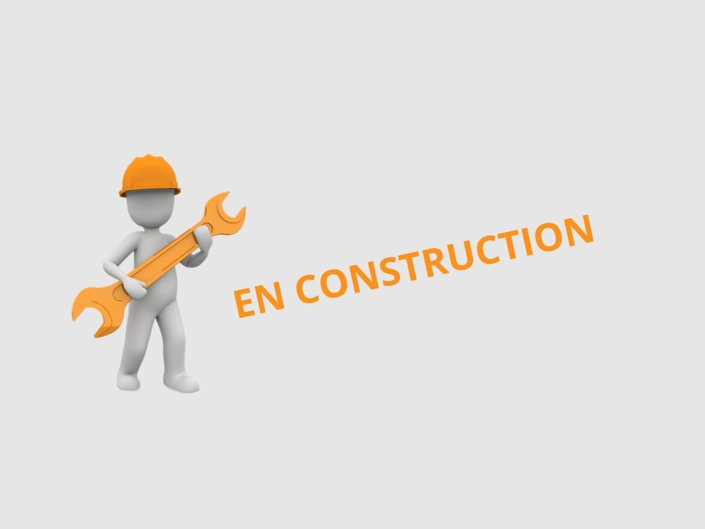 Page en construction avec un personnage tenant une clé à molette et un panneau indiquant 'En construction'.
