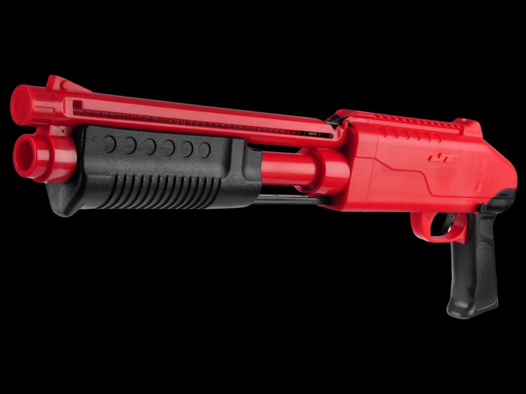 Lanceur de paintball pour enfants, modèle à pompe rouge et noir, conçu pour des billes de calibre 0.50, idéal dès 9 ans.