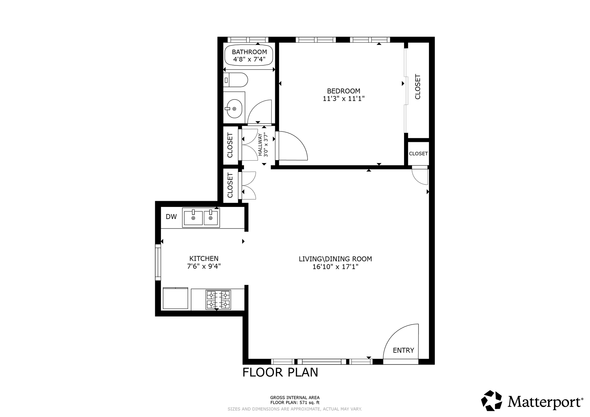 Black-and-white floor plan of a small apartment with labeled rooms and entry doors