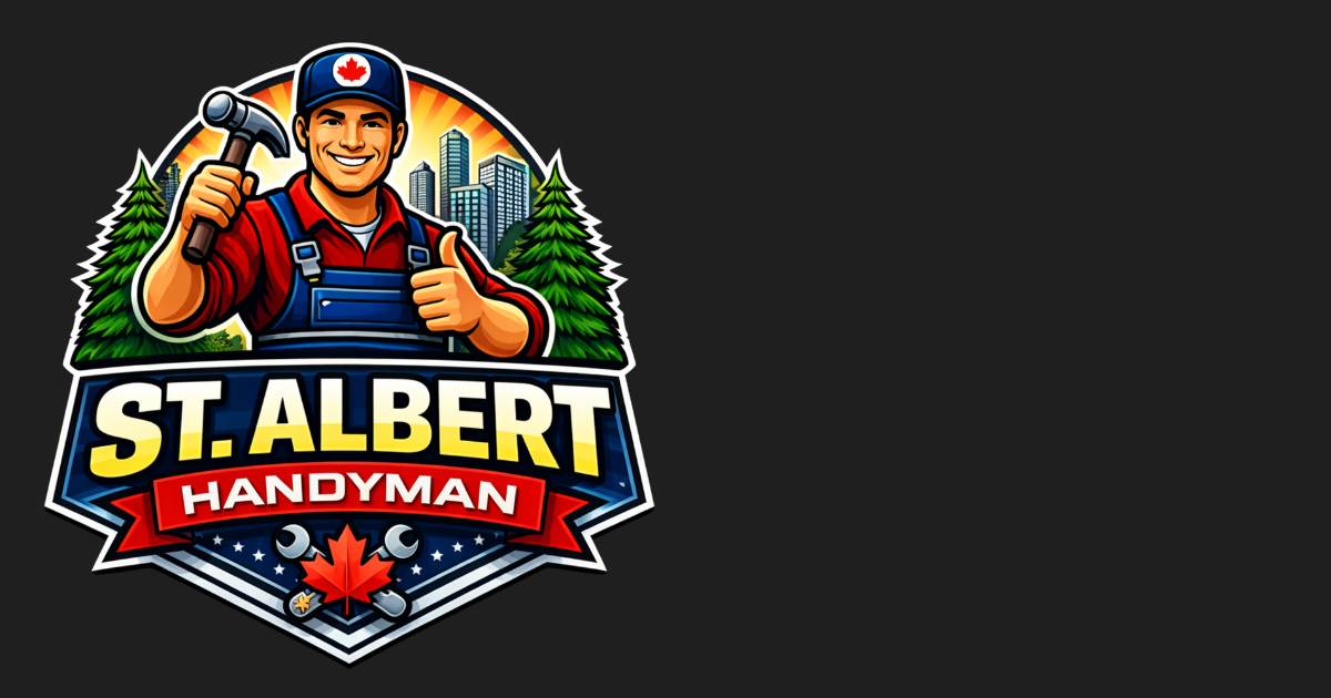 Logo: Handyman holding a hammer, orange and blue shield, text: St. Albert Handyman.