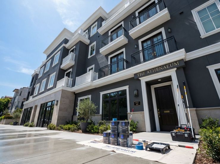 Modern gray apartment building with balconies and ground-floor entrances under a blue sky