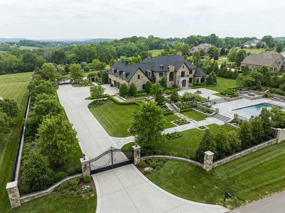 Aerial view of a large stone mansion with a pool, landscaped grounds, and gated driveway.