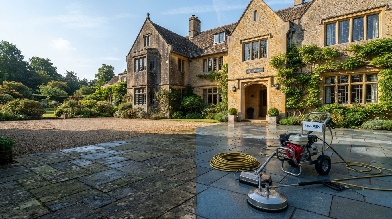 Stone manor courtyard with a stone patio, ivy-covered facade, and cleaning equipment in the foreground