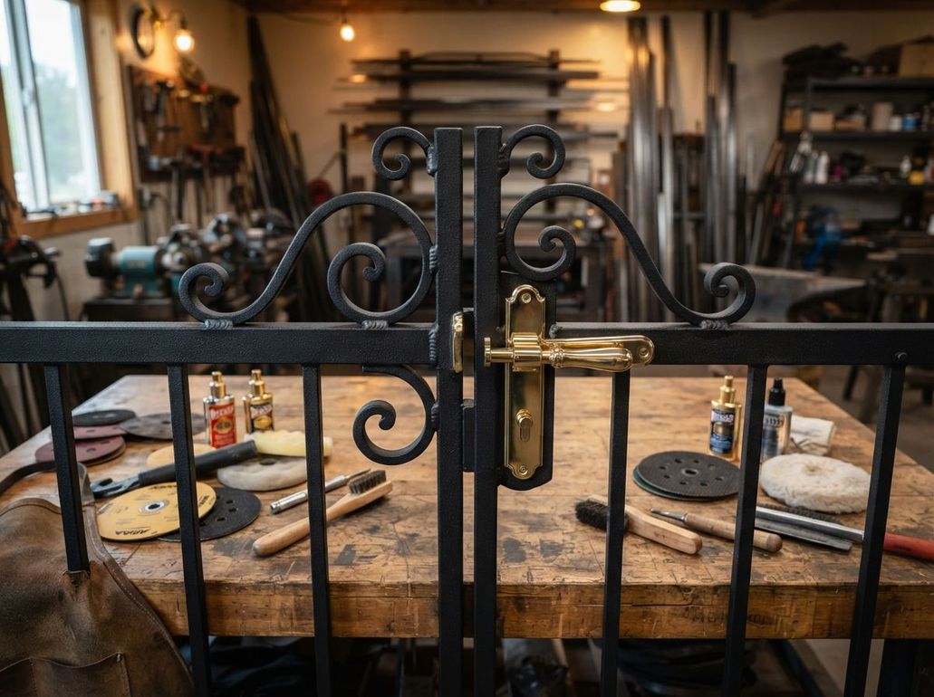 Ornate black wrought-iron gate in front of a workshop table with tools and materials