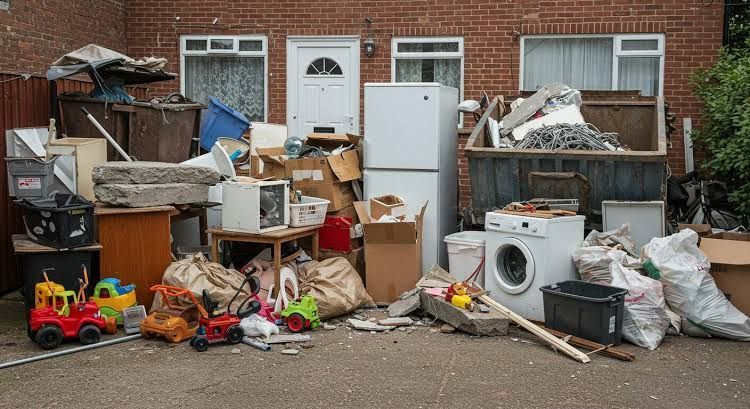 A cluttered alley with piled trash, old appliances, boxes, and bags outside a brick building.