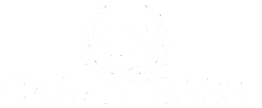 Logo: abstract, white text and shape on a white background.