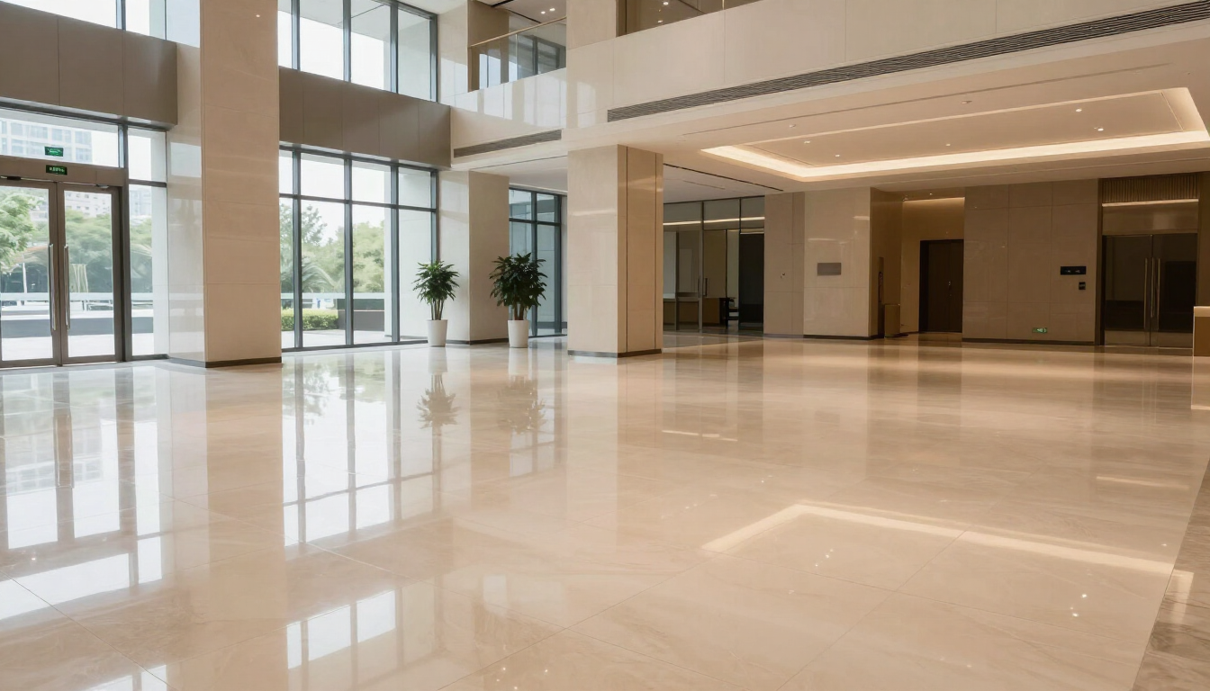 Freshly finished commercial hallway floor
