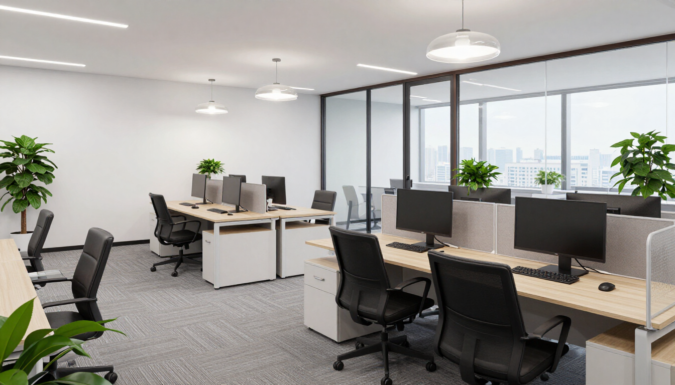 Modern open office with desks, computer monitors, chairs, and large windows letting in daylight.