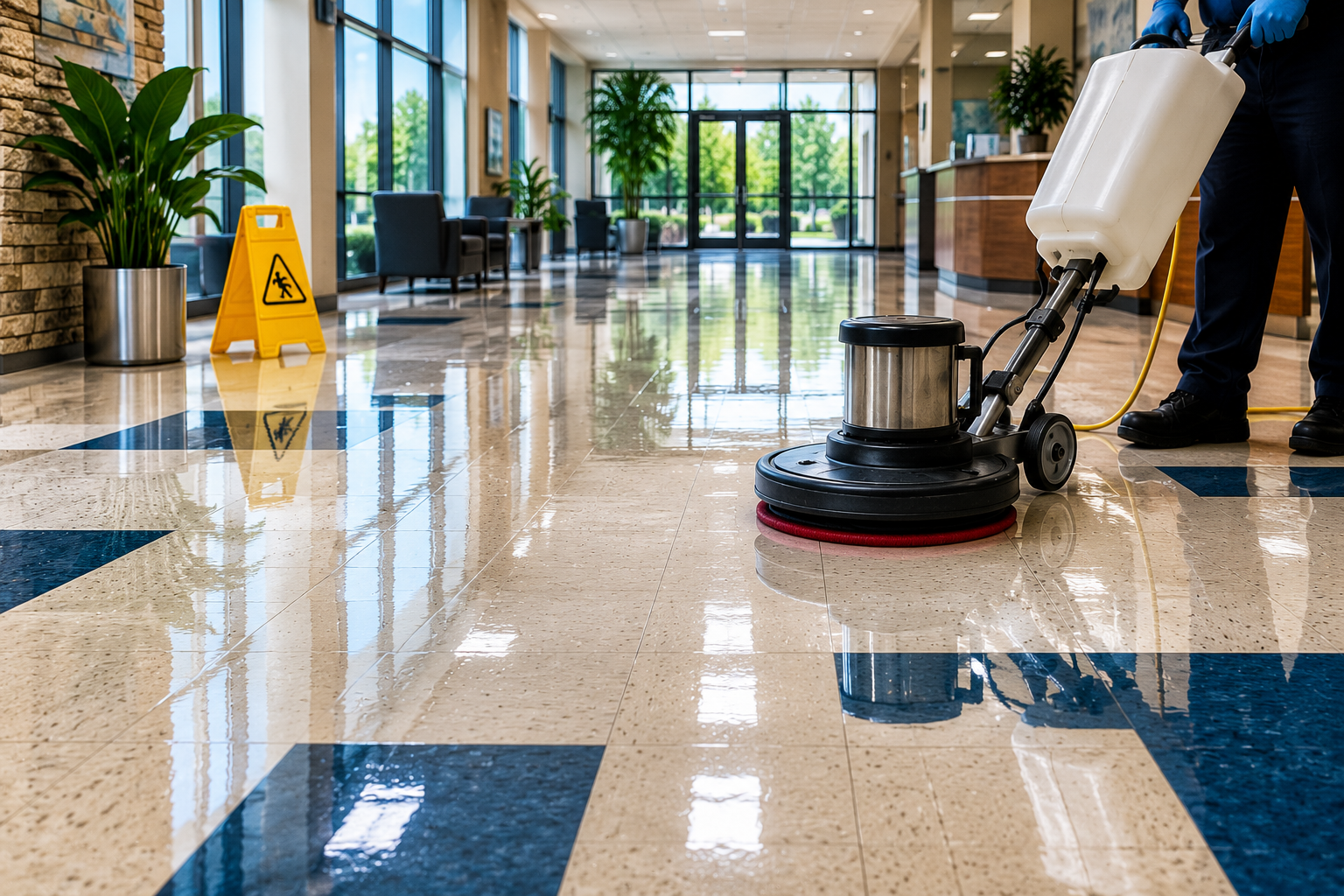 Worker using a floor buffer in a glossy lobby with a wet floor warning sign