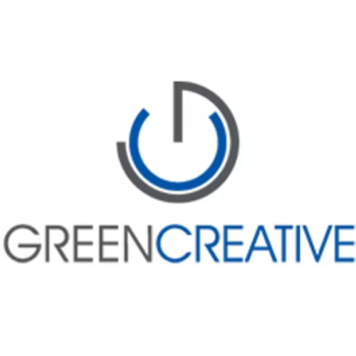 Logo for Green Creative: blue and grey power button symbol above the words 