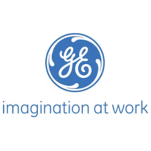 GE logo, blue circle around stylized 