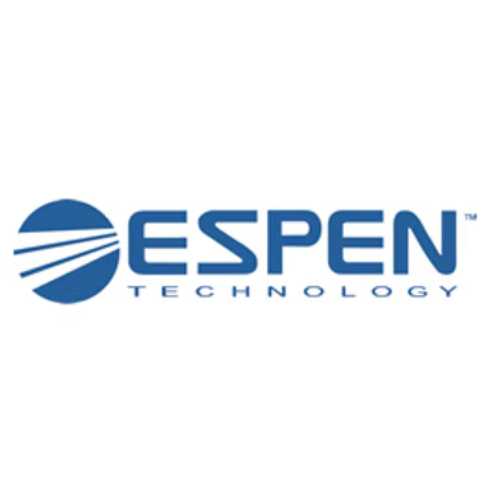 Logo of Espen Technology: Blue circle with horizontal lines; blue 
