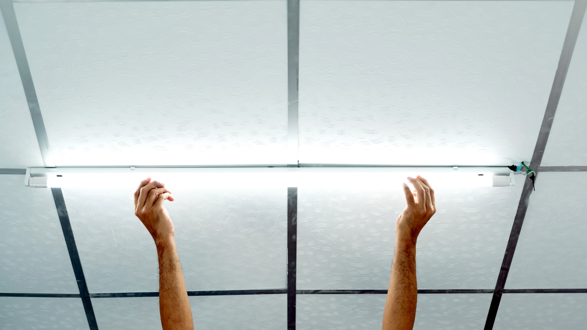 Two arms reach up towards a bright fluorescent light on a ceiling.
