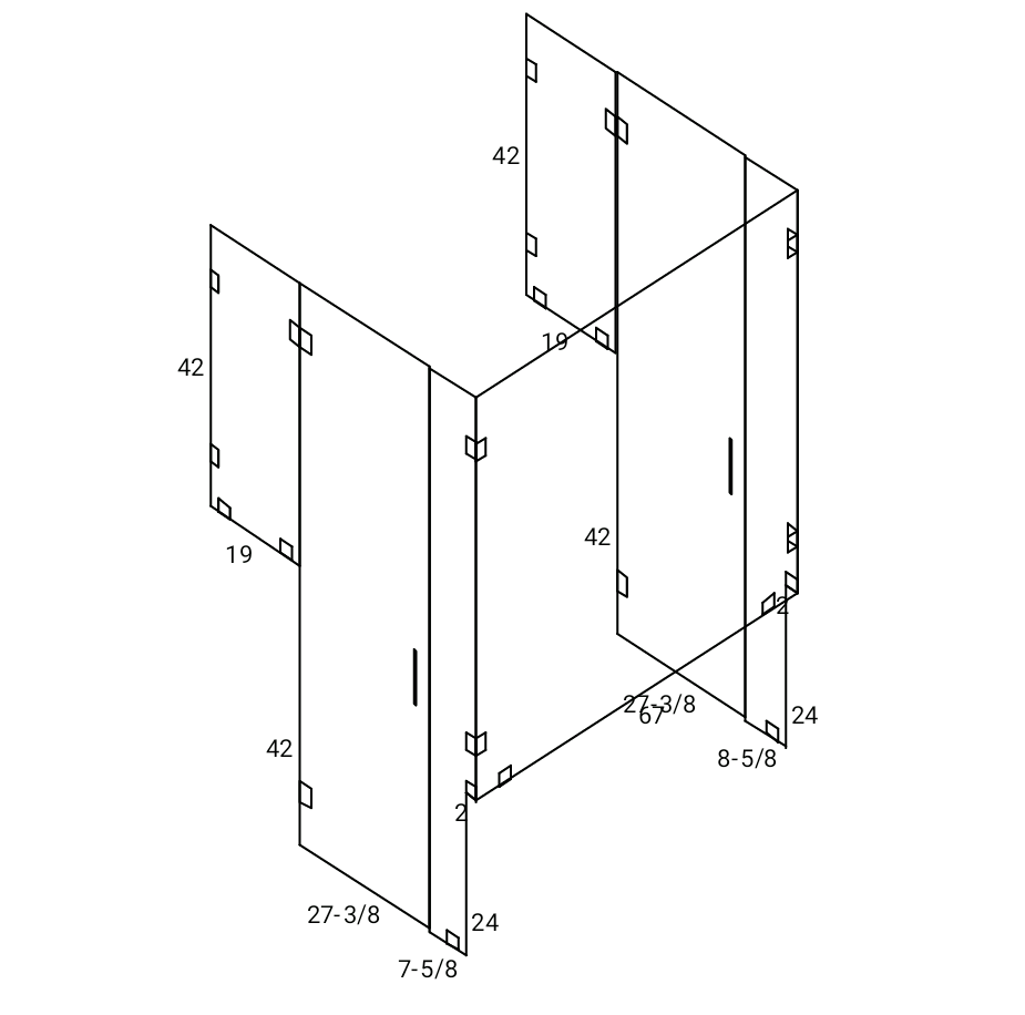 Diagram of a three-sided structure with dimensions labeled in inches, likely for construction purposes.